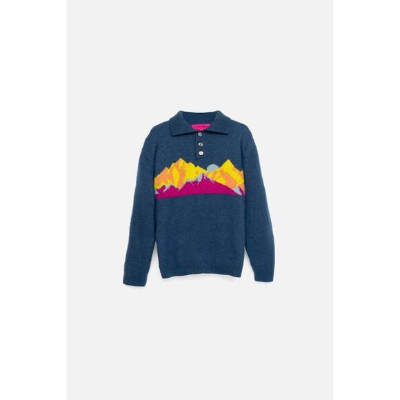 Elder Statesman Mens Rocky Mountain Rugby Sweater in Sea Blue Mountain L - Picture 4 of 4